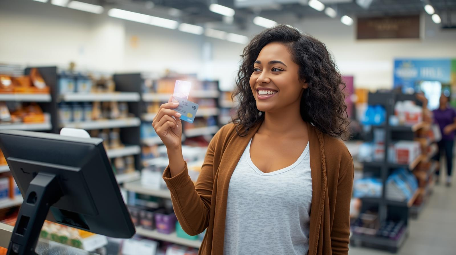 Happy shopper with bags discovering deals